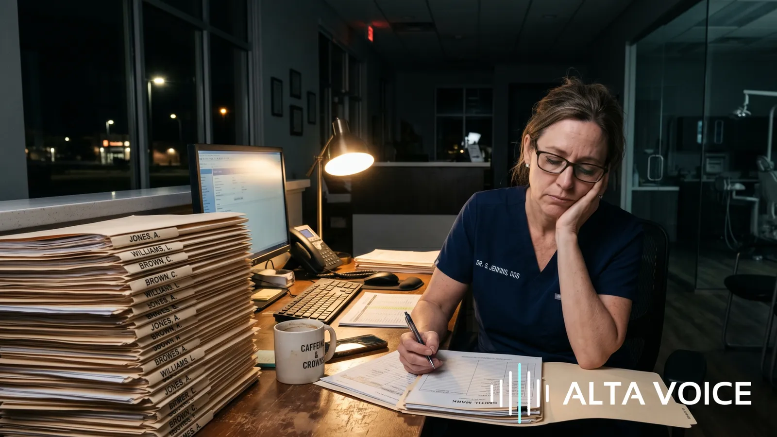 A tired dentist in scrubs writing notes late at night beside a tall stack of patient charts