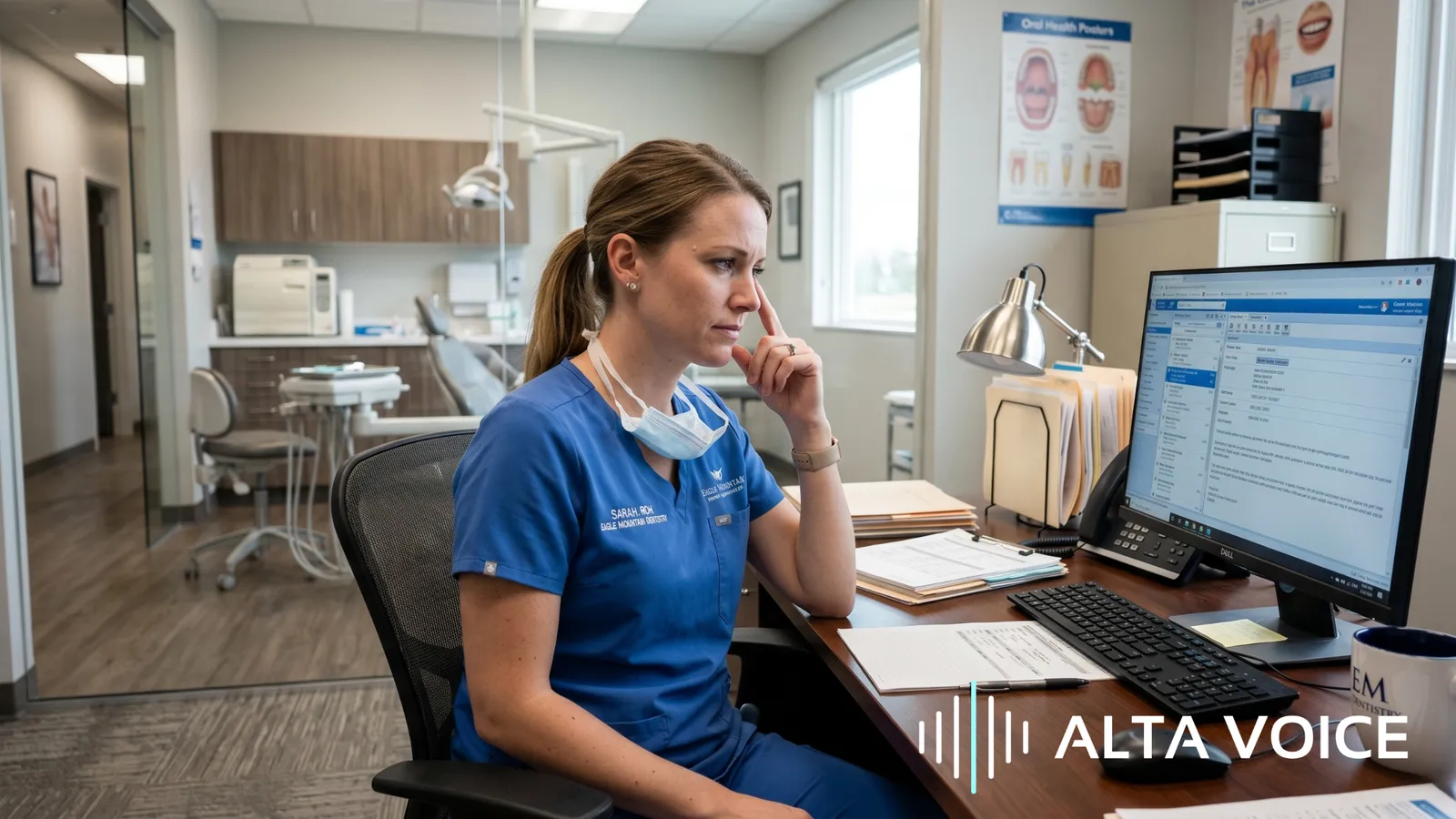 A dental hygienist at an operatory computer reviewing clinical-notes software