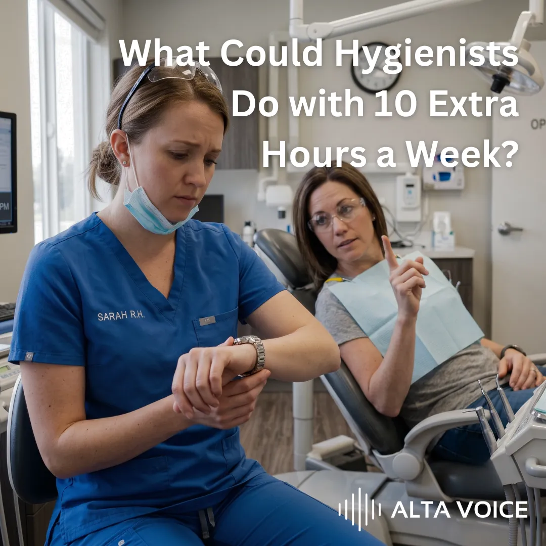 Dental hygienist checking her watch while a patient waits in the chair