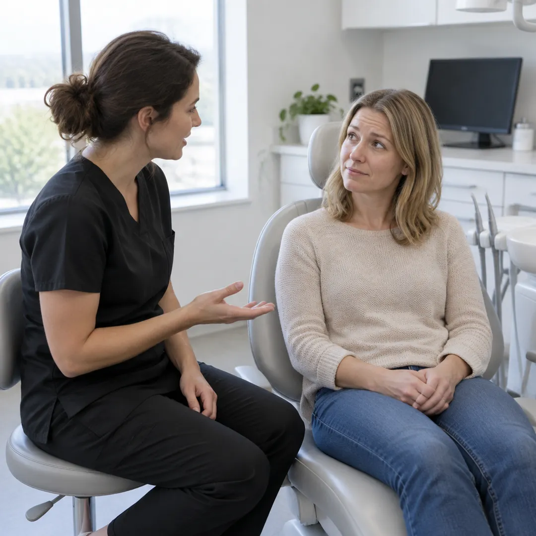A dental hygienist sitting beside her patient after the exam, explaining the findings while the patient listens.