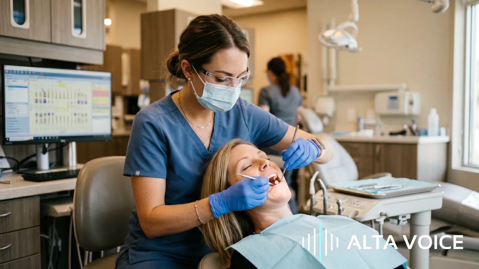 A dental hygienist performing a periodontal exam on a reclined patient with charting software on the monitor