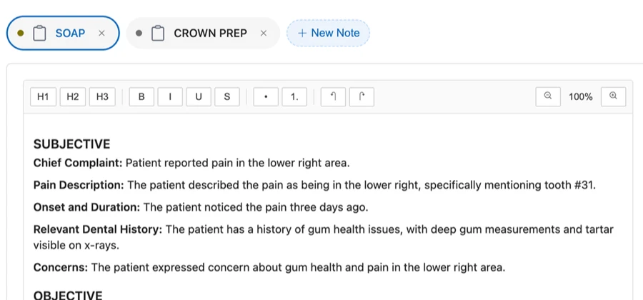 SOAP note excerpt: chief complaint, pain description, onset and duration, relevant dental history, and concerns, each with its own label